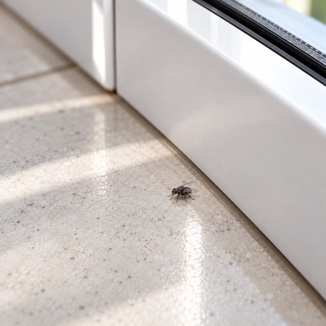 Mouche posée sur un rebord clair, près d’une fenêtre