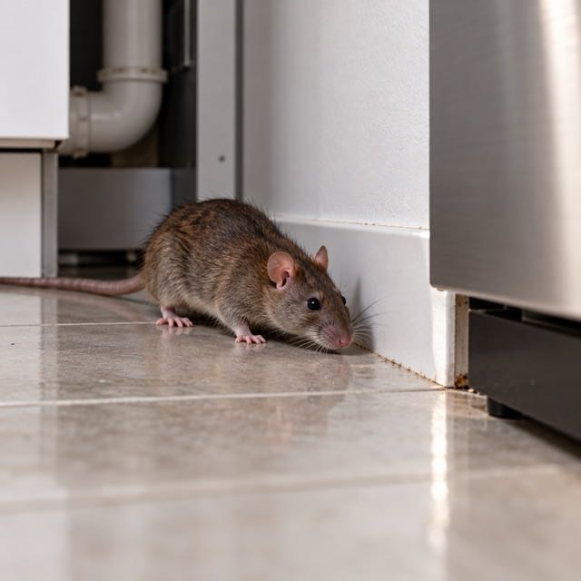 Rat brun sur le carrelage d’une cuisine, près des canalisations