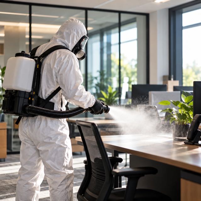 Technicien en combinaison et masque désinfectant des postes de travail avec un pulvérisateur dorsal