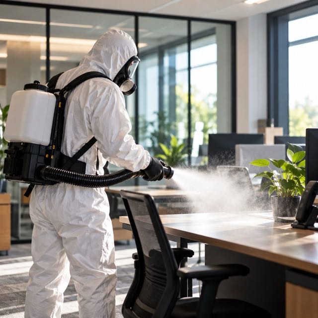 Technicien SANIPURE en combinaison et masque désinfectant des bureaux