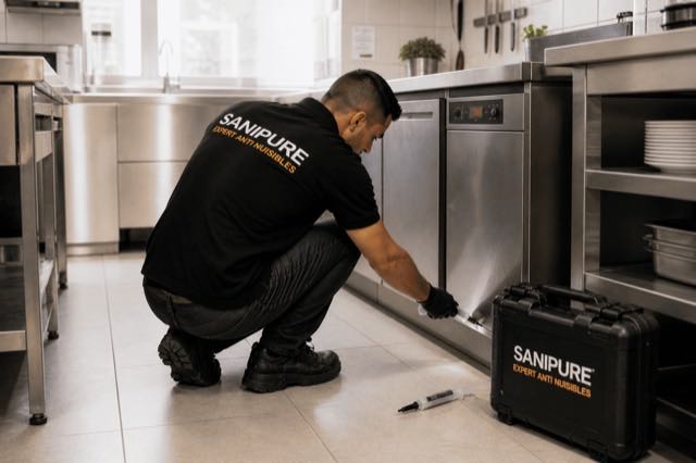 Technicien SANIPURE inspectant le bas d’un meuble dans une cuisine professionnelle
