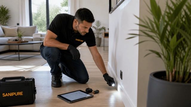 Technicien SANIPURE inspectant le bas d’un mur à la lampe dans un séjour