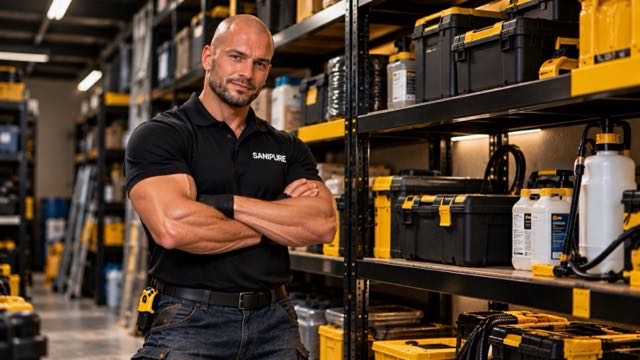 Technicien SANIPURE, bras croisés, devant les étagères de matériel professionnel