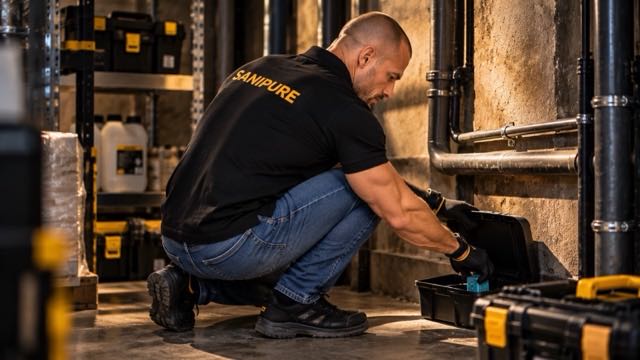 Technicien SANIPURE ouvrant un poste d’appâtage près de canalisations