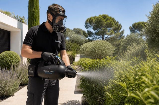 Technicien SANIPURE équipé d’un masque intégral pulvérisant un traitement à l’extérieur