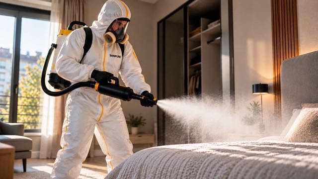 Technicien SANIPURE en combinaison et masque traitant une chambre