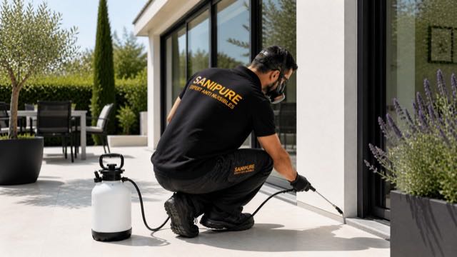 Technicien SANIPURE masqué et ganté traitant le pied d’une façade
