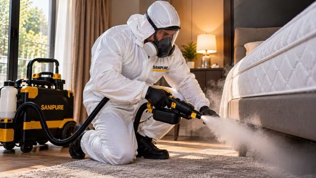 Technicien SANIPURE en combinaison et masque traitant un lit à la vapeur sèche
