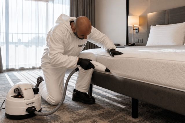 Technicien SANIPURE en combinaison passant la vapeur sèche sur un matelas